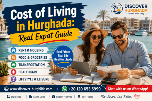 Cost of Living in Hurghada guide showing expat couple planning monthly expenses in Hurghada Egypt including rent food healthcare and lifestyle costs
