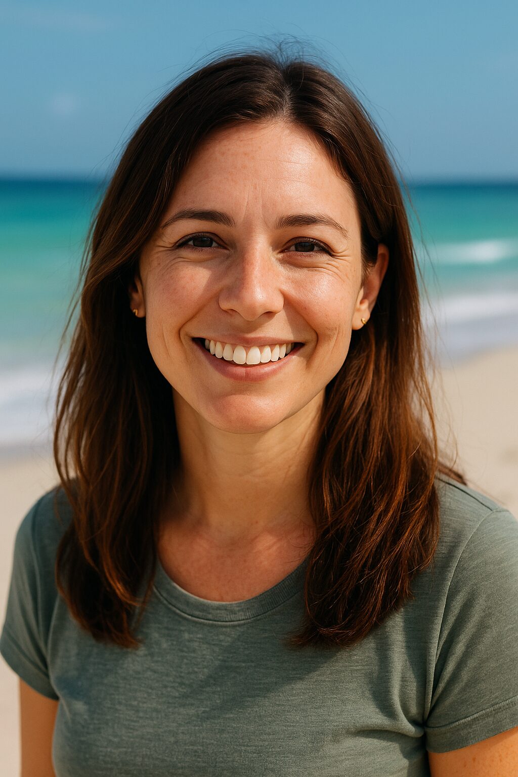 Smiling woman avatar with beach background, representing travel blogger Emily – Discover Hurghada