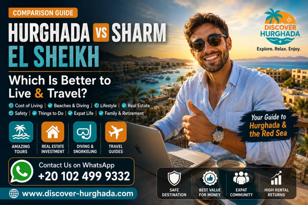 Hurghada vs Sharm El Sheikh comparison guide showing lifestyle, cost of living, real estate, beaches, travel, and expat life in Egypt's Red Sea destinations
