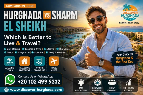 Hurghada vs Sharm El Sheikh comparison guide showing lifestyle, cost of living, real estate, beaches, travel, and expat life in Egypt's Red Sea destinations