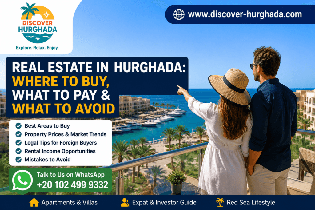 Real Estate in Hurghada guide showing foreign buyers viewing Red Sea property, best areas to buy, property prices, legal tips, rental income, and mistakes to avoid