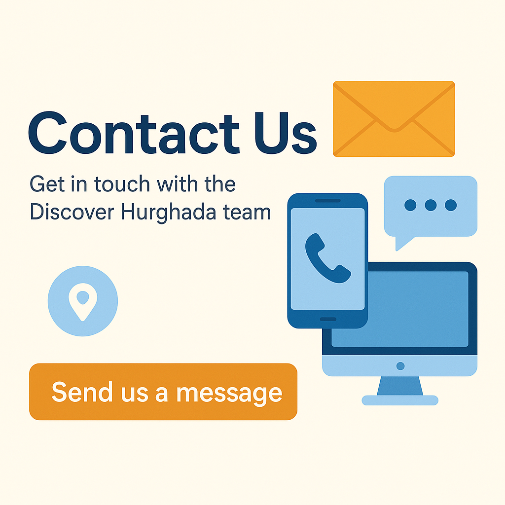 Contact page banner for Discover Hurghada website with message icons and Red Sea travel theme 