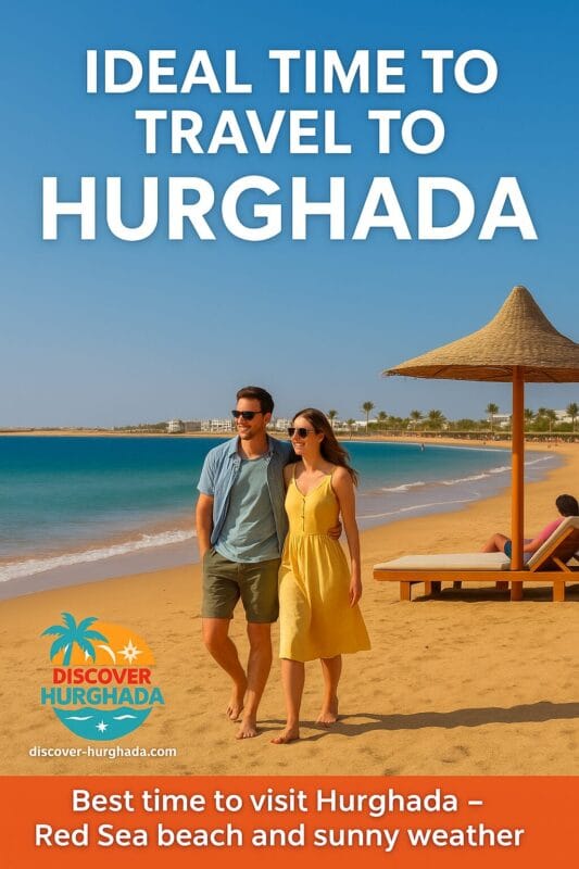 Ideal time to travel to Hurghada – sunny Red Sea beach with visitors and resort skyline