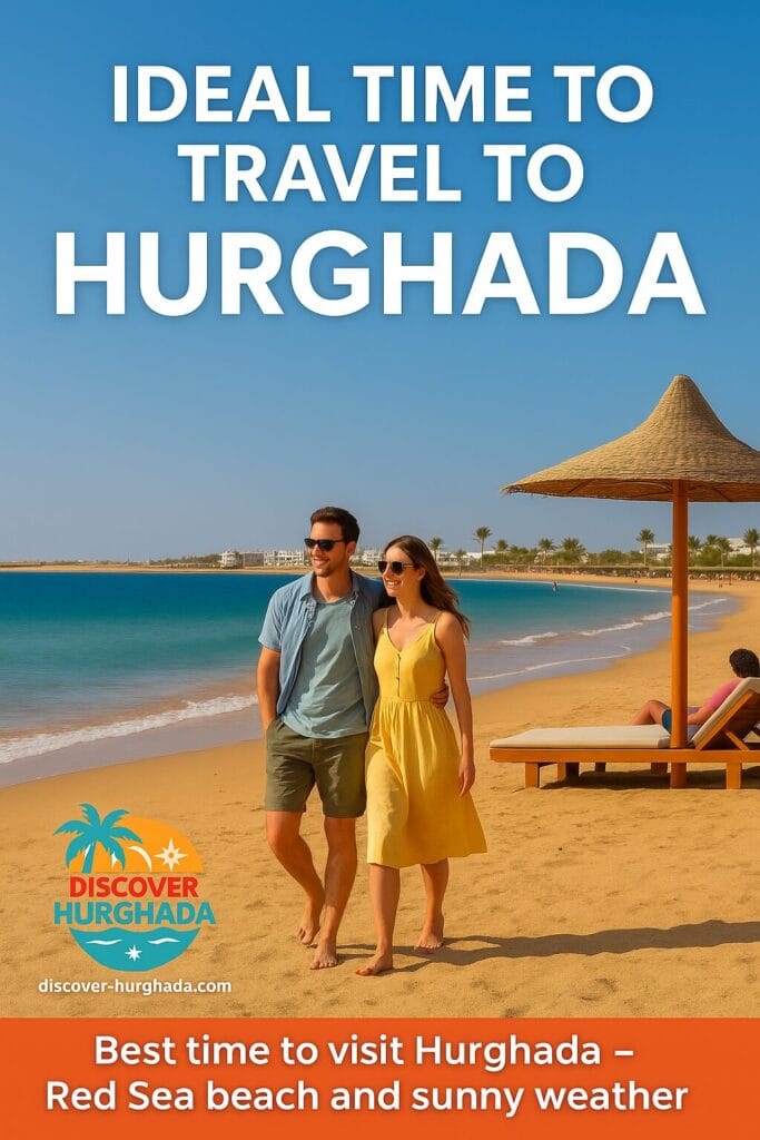 Ideal time to travel to Hurghada – sunny Red Sea beach with visitors and resort skyline