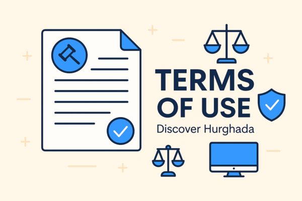 Terms of Use banner for Discover Hurghada website showing legal icons and document illustration 