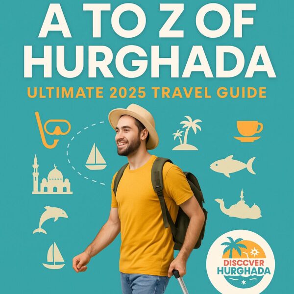 A man exploring Hurghada with travel icons representing A to Z of Hurghada