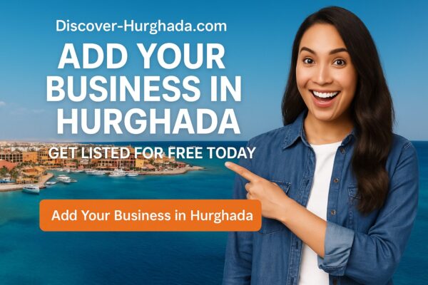 Smiling businesswoman pointing to call-to-action text “Add Your Business in Hurghada” with Red Sea and Hurghada skyline in the background