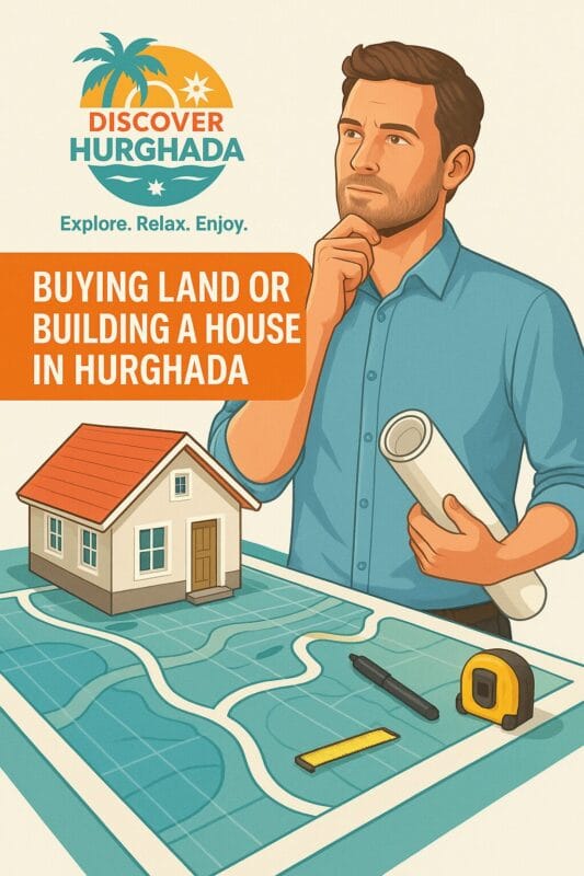 Man planning to build a house in Hurghada with property map and tools – Discover Hurghada