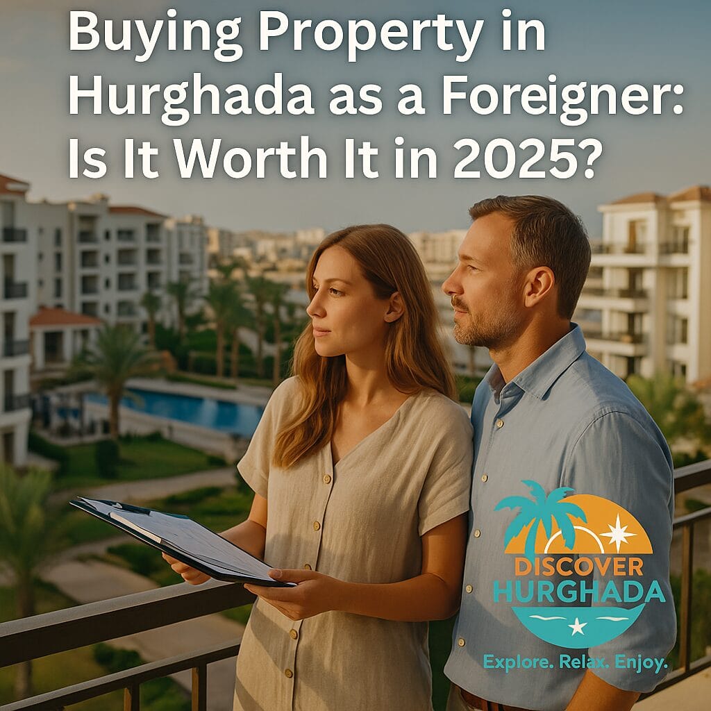 A foreign couple viewing modern apartments by the Red Sea in Hurghada, Egypt — Discover Hurghada logo — Buying Property in Hurghada as a Foreigner 2025