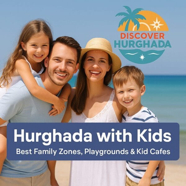Happy family with two kids on a beach in Hurghada enjoying vacation under sunny skies with Discover Hurghada logo