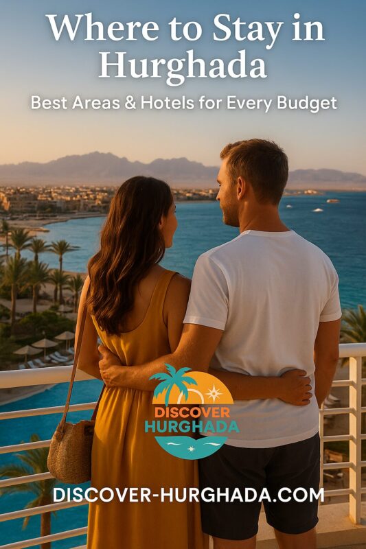 Couple checking into a beachfront resort in Hurghada, Egypt with luggage – Where to Stay in Hurghada 2025 by Discover Hurghada 