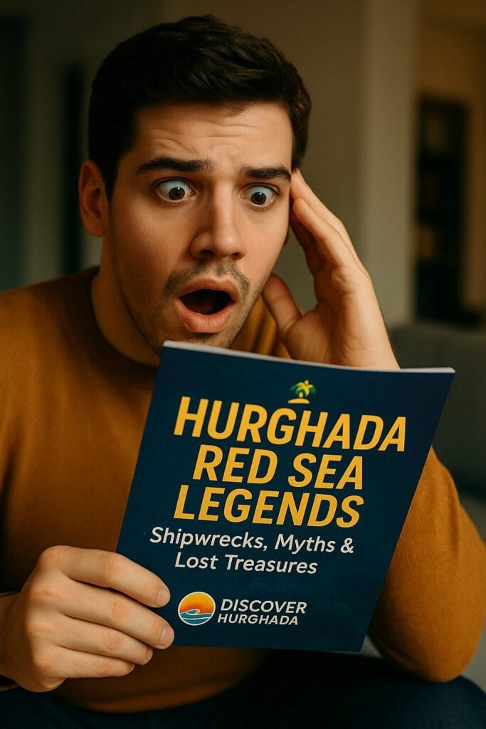 Man surprised while reading about Hurghada Red Sea Legends – Shipwrecks, Myths & Lost Treasures with Discover Hurghada logo