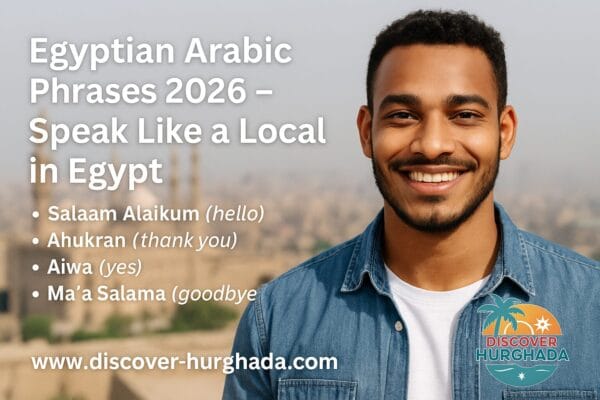 Smiling tourist with a camel in the desert near pyramids at sunset – Egyptian Arabic Phrases 2026 featured image for Discover Hurghada