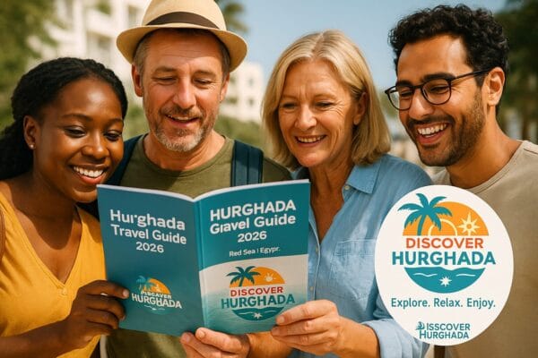 Tourists reading a Hurghada travel guide 2026 on the Red Sea coast in Egypt – Discover Hurghada official guide
