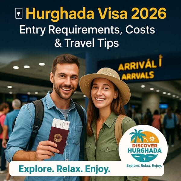 Happy tourists at Hurghada International Airport holding passports with visa stamp – Hurghada Visa 2026 entry requirements and travel tips