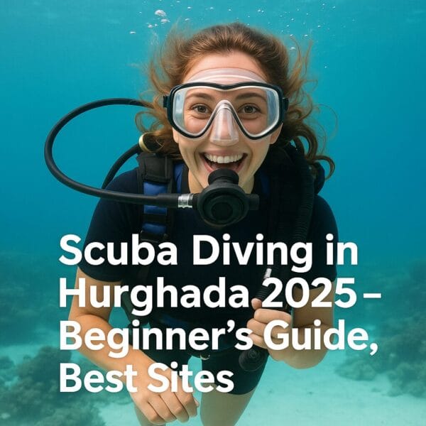 Beginners enjoying scuba diving in Hurghada 2025 – exploring vibrant Red Sea coral reefs with Discover Hurghada logo
