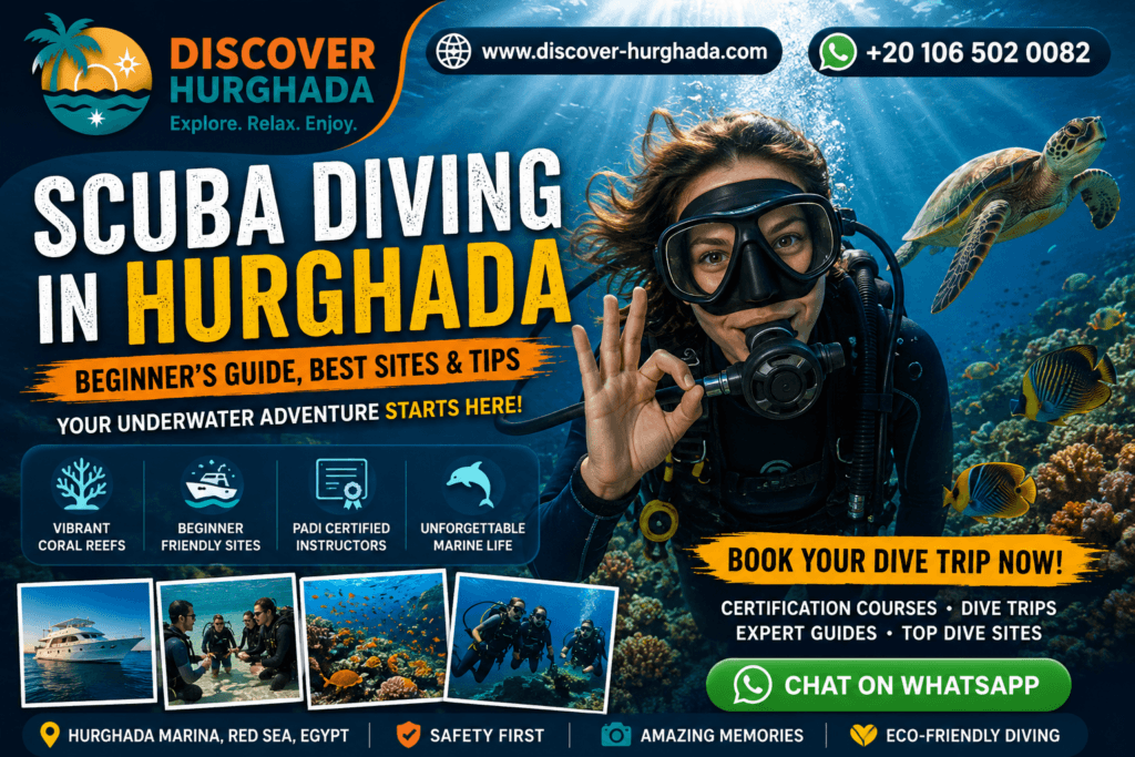 Scuba Diving in Hurghada beginner guide showing diver exploring Red Sea coral reefs and marine life