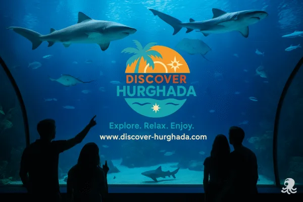 Visitors enjoying Hurghada Grand Aquarium surrounded by sharks and rays inside glass tunnels, official Discover Hurghada logo and website www.discover-hurghada.com