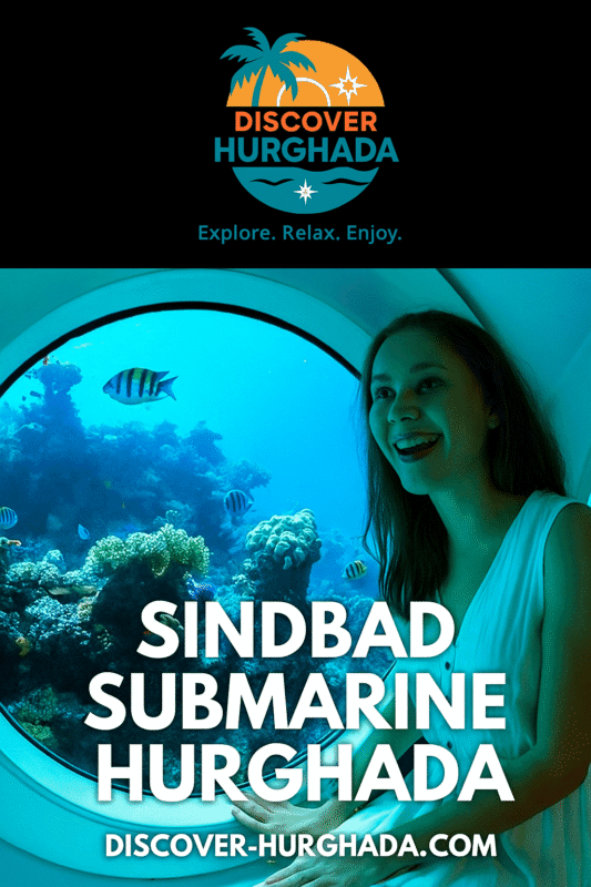 Tourists enjoying Sindbad Submarine Hurghada underwater adventure with Discover Hurghada – watching coral reefs and colorful fish under the Red Sea.