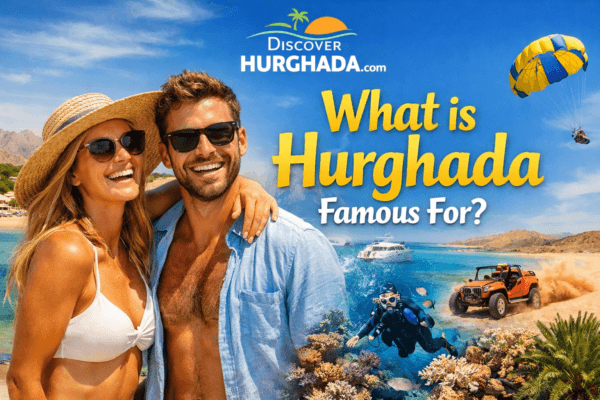What is Hurghada famous for? A family enjoying the Red Sea beaches in Hurghada with Discover Hurghada logo