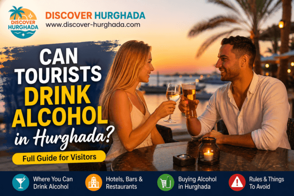 Can tourists drink alcohol in Hurghada couple enjoying drinks at sunset in Hurghada Egypt resort bar