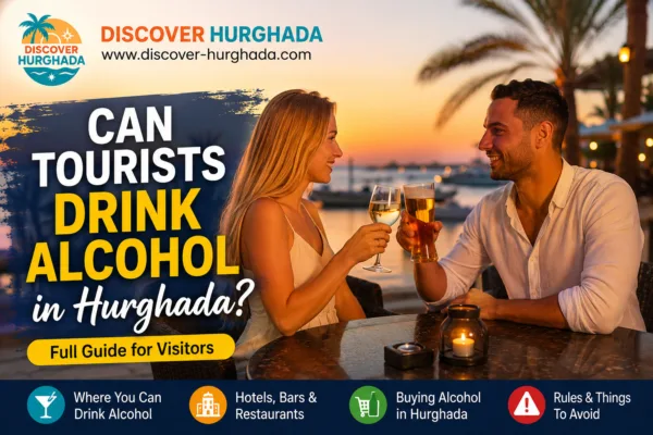 Can tourists drink alcohol in Hurghada couple enjoying drinks at sunset in Hurghada Egypt resort bar