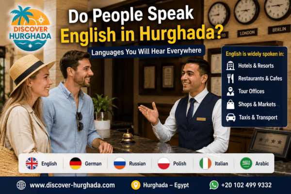 Do people speak English in Hurghada hotel staff talking to tourists at reception in Hurghada Egypt
