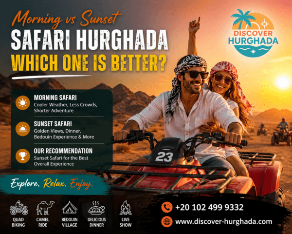 Morning vs Sunset Safari Hurghada comparison showing tourists riding quad bikes in the desert at sunset
