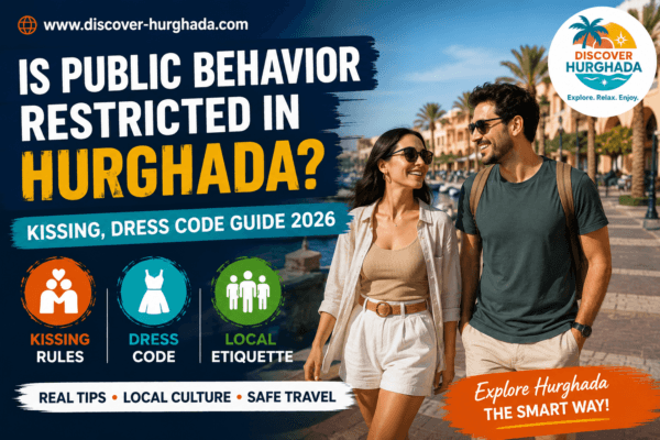 public behavior in Hurghada tourists couple walking safely in Hurghada marina Egypt dress code and public etiquette