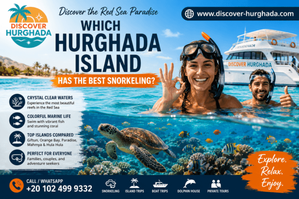 Which Hurghada Island Has The Best Snorkeling guide showing tourists snorkeling in Hurghada with coral reefs and marine life