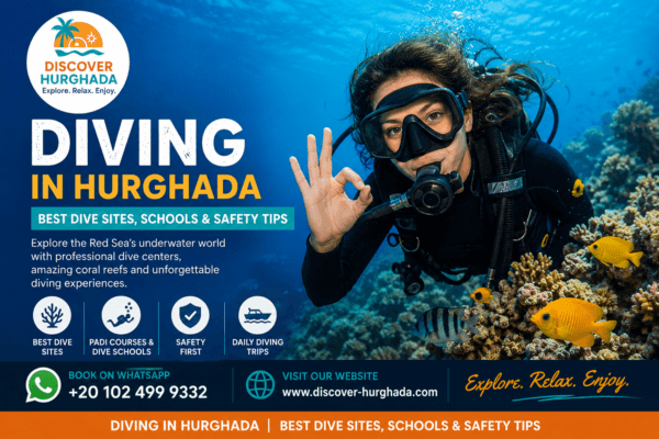Diving in Hurghada with scuba diver exploring Red Sea coral reefs, best dive sites, PADI courses, diving schools and safety tips in Hurghada Egypt