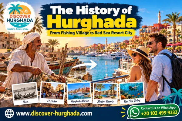 History of Hurghada showing an Egyptian fisherman with a traditional fishing boat, modern Hurghada Marina and tourists at the Red Sea