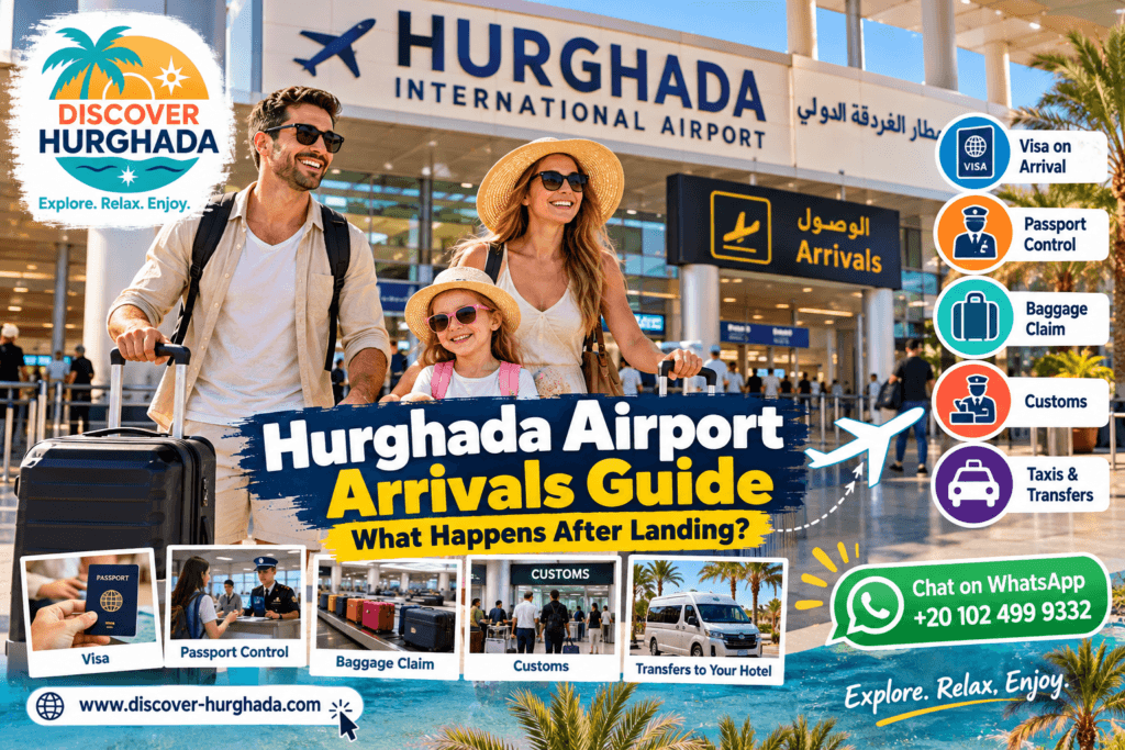 Hurghada Airport Arrivals guide featuring a tourist family with luggage outside Hurghada International Airport in Egypt
