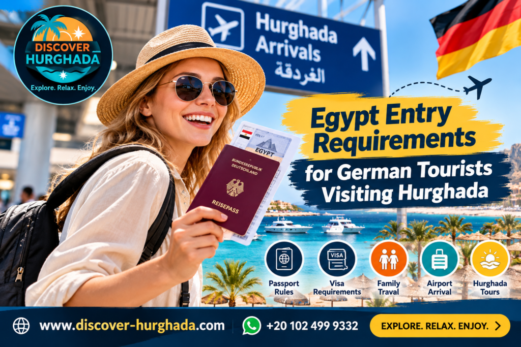 Hurghada Entry Requirements for German Tourists – German woman holding a passport at Hurghada Airport with Egypt visa information