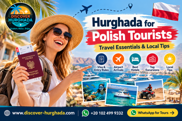 Hurghada for Polish Tourists – Polish woman holding a passport beside the Red Sea, with travel essentials, hotels, visa information and local tips