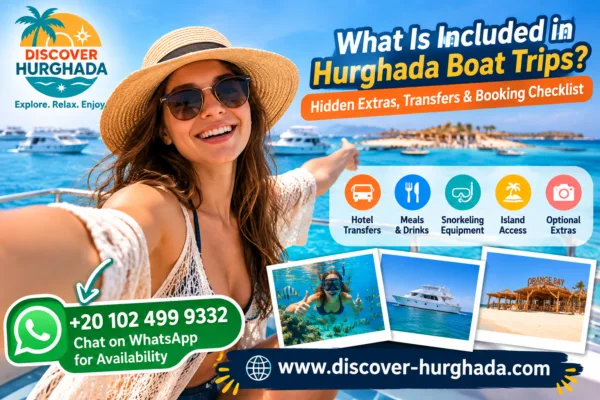 What Is Included in Hurghada Boat Trips – tourist on a Red Sea boat with island views, snorkeling and hotel transfer information
