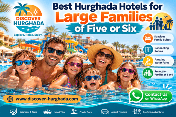 Best Hurghada Hotels for Large Families of Five or Six – family of six enjoying a swimming pool at a Red Sea resort with water slides in Hurghada.