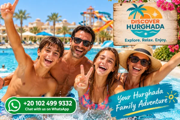Best Hurghada Hotels for Teenagers – family with two teenagers enjoying a swimming pool at a Red Sea resort with water slides.